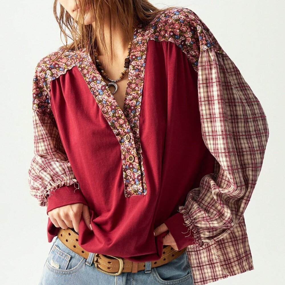 Burgundy Casual Women's Loose Knitted Patchwork Blouse - Picture 4 of 6